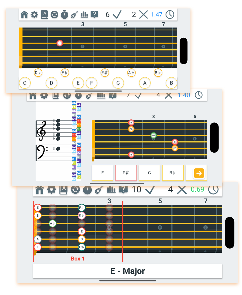 Fretonomy app showing fretboard training games on mobile