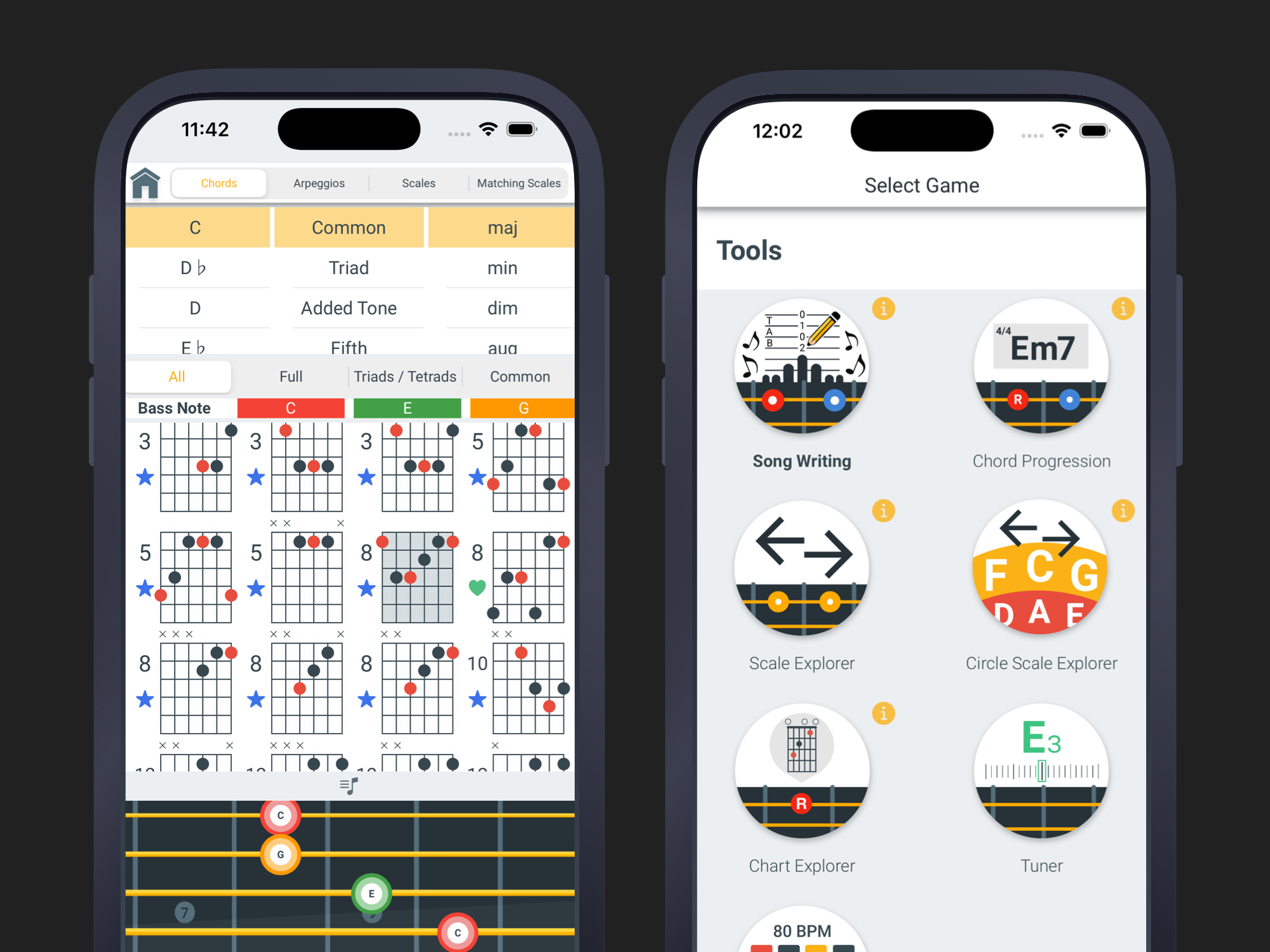 Scale explorer and chord pattern analysis in Fretonomy
